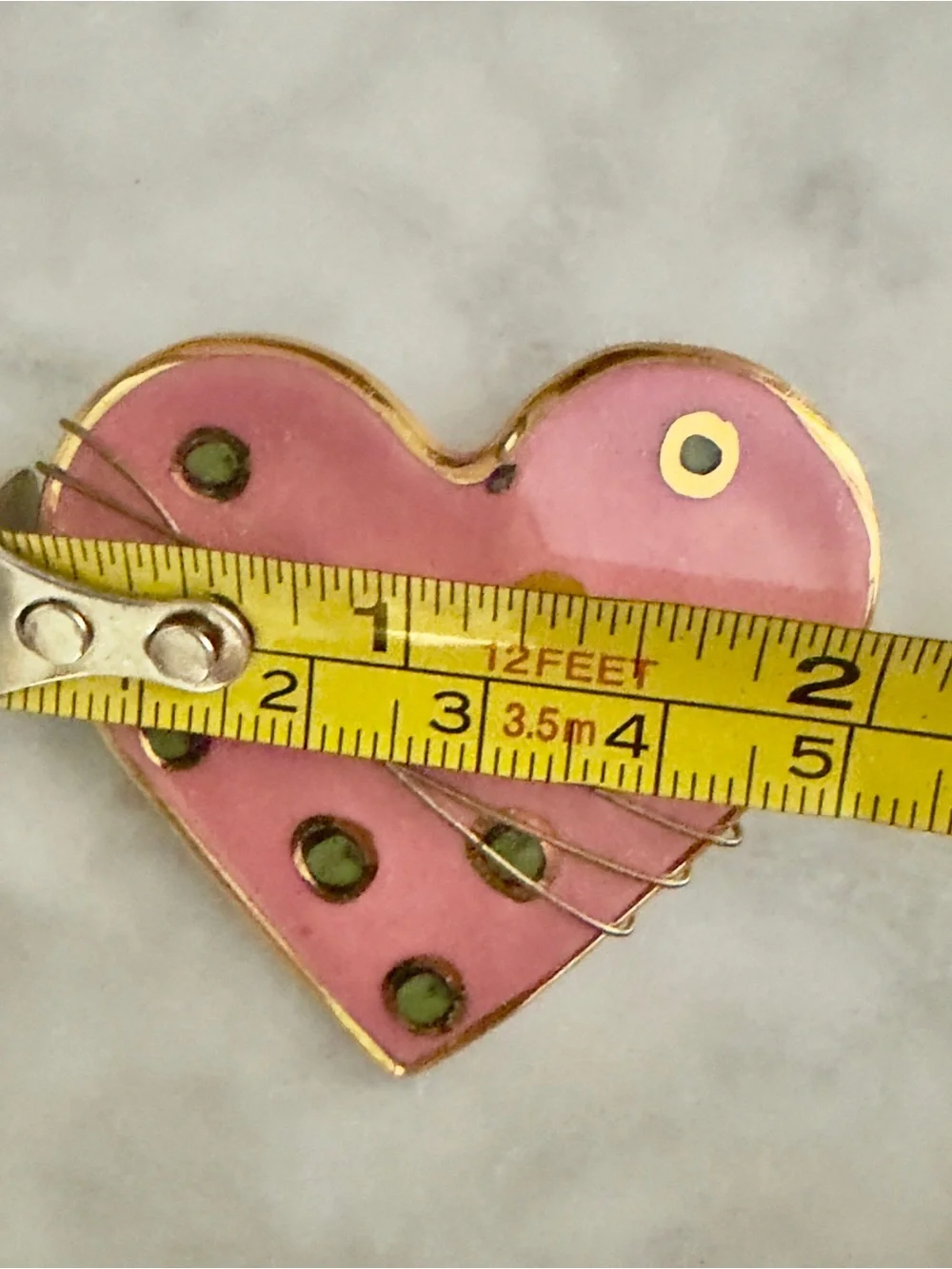Whimsical Wire Wrapped Pink Heart Enamel Pin with gold trim and Green Dots